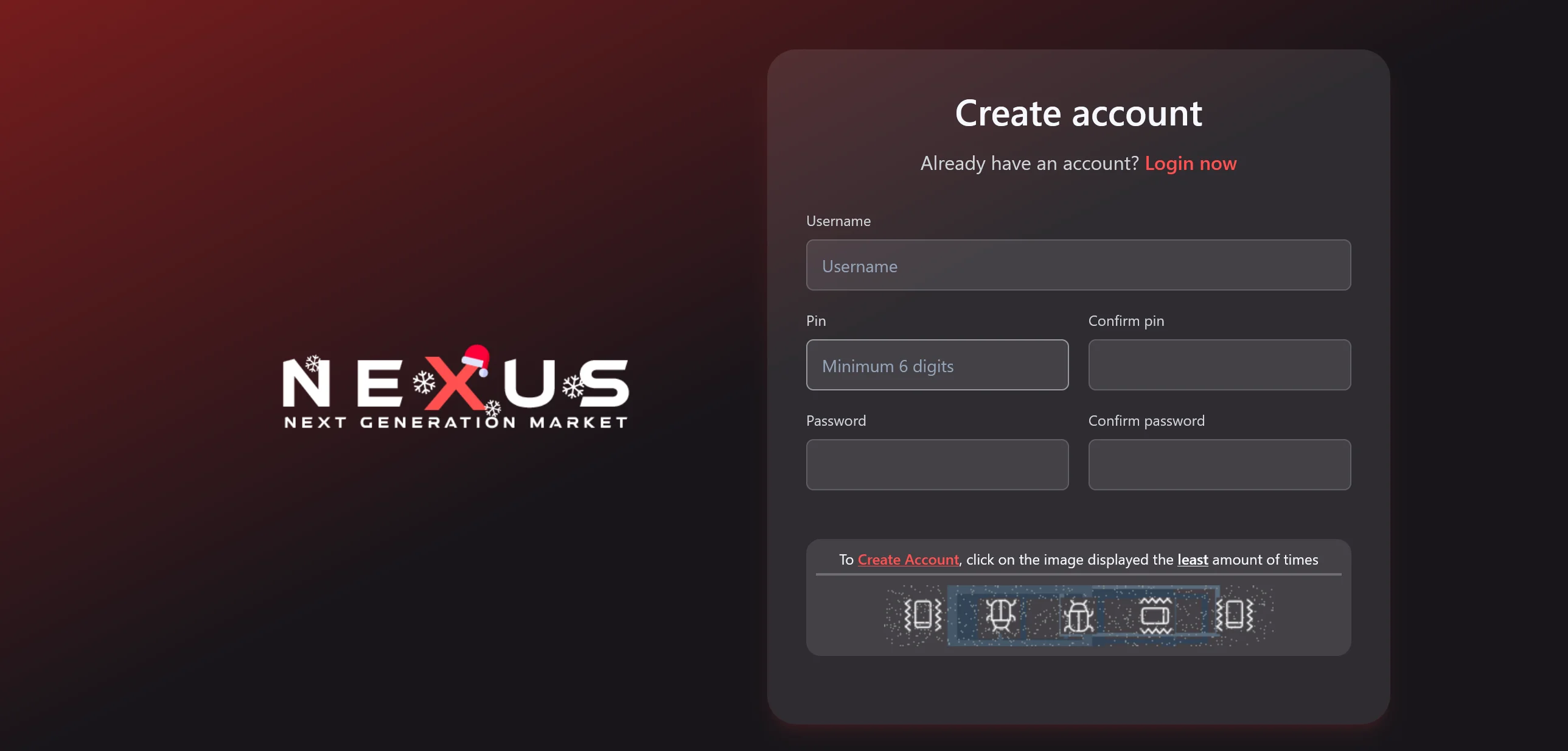 Nexus Market account registration interface showing anonymous signup process