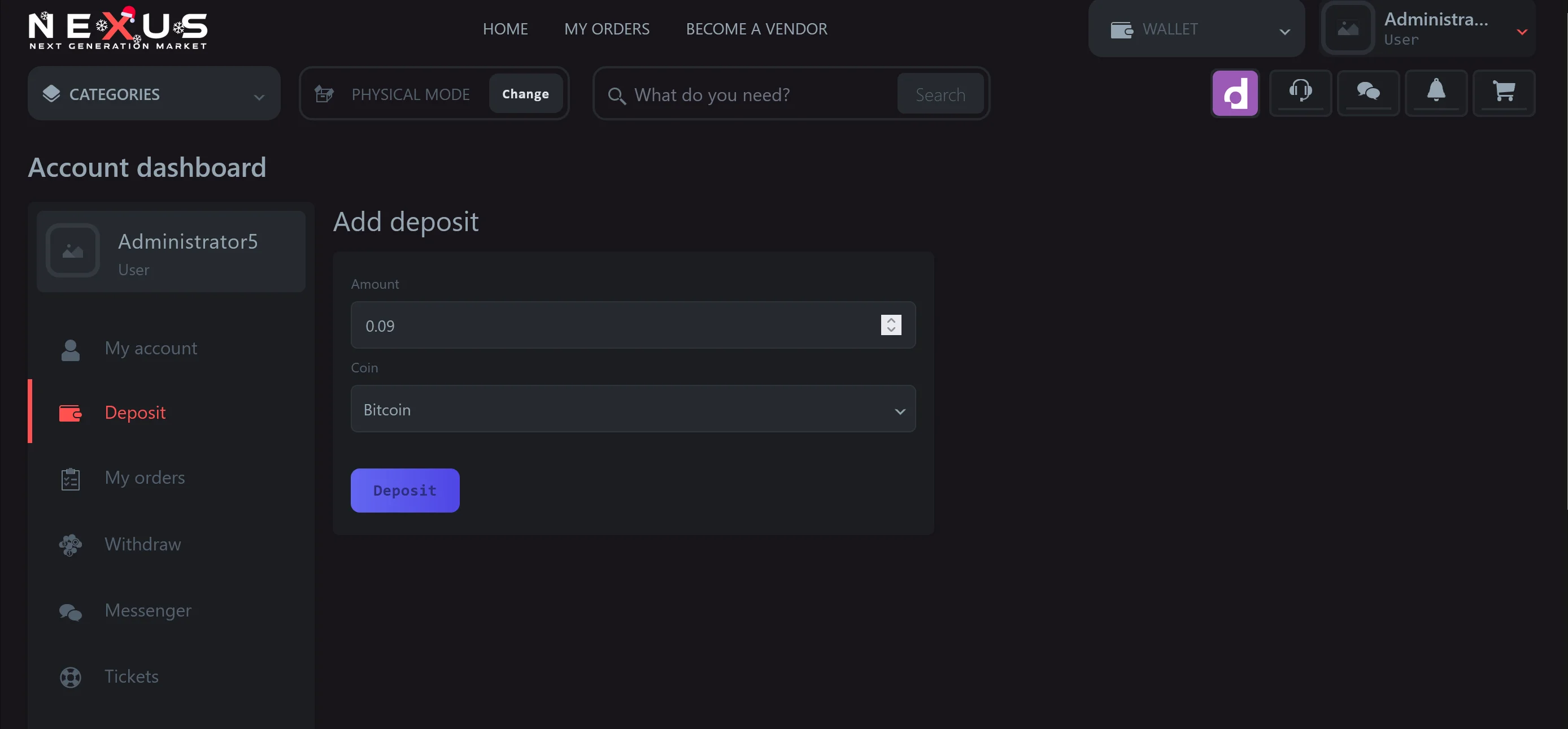Nexus Market cryptocurrency deposit interface showing Bitcoin and Monero wallet options