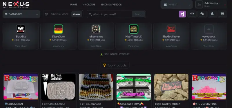 Nexus Market darknet marketplace homepage interface showing vendor listings and product categories
