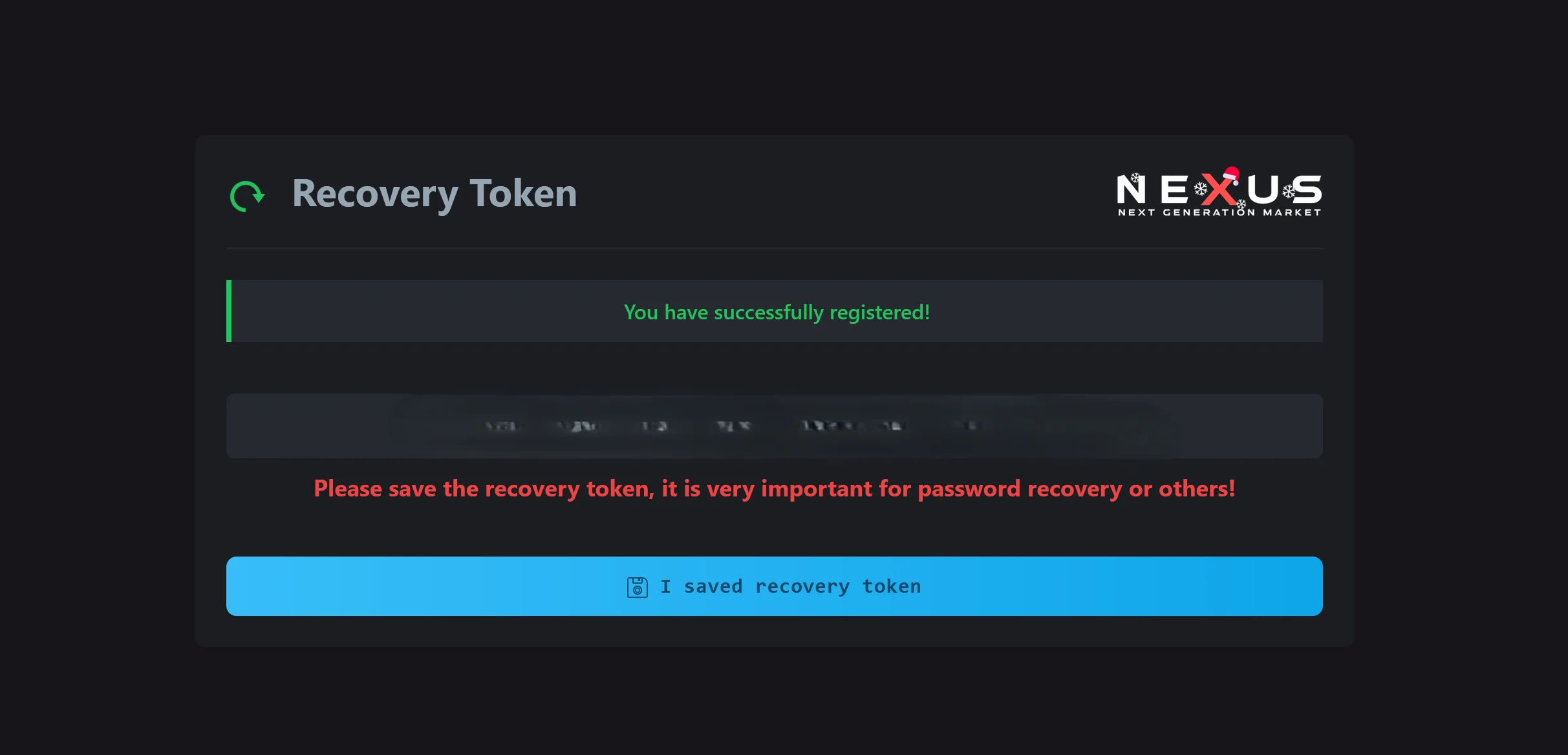 Nexus Market two-factor authentication token interface showing 2FA security setup